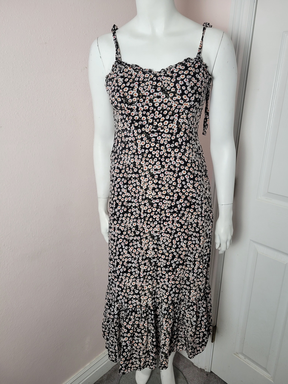 Day After Day Floral Smocked Midi Dress Black Small Tie Strap Rayon Ruffle Hem